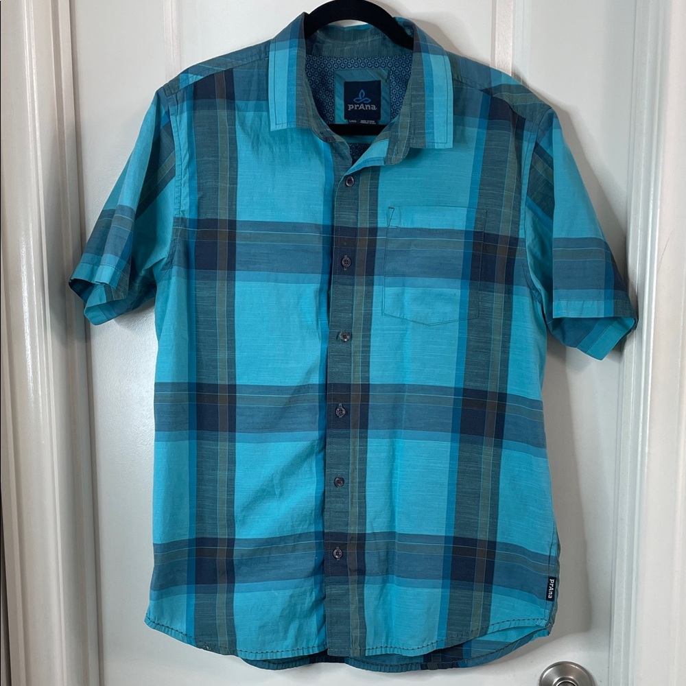 Prana Men's Turquoise and Navy Plaid Shirt